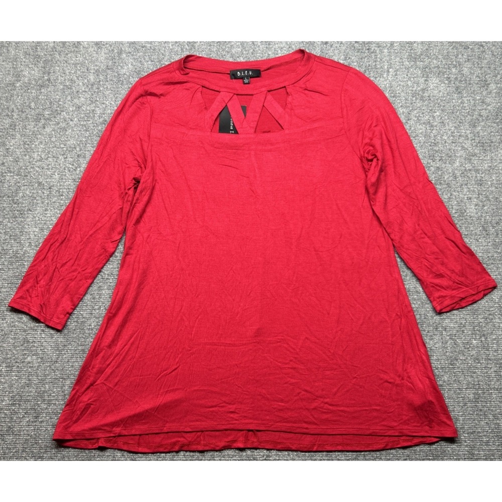 B.L.E.U Blouse Womens L Red Cut Out Front 3/4 Sleeve Pullover Top Stretch New